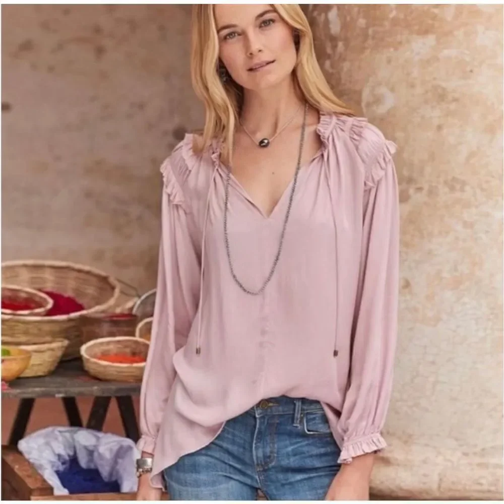 SUNDANCE So In Love Ruffle Peasant Top Long Sleeve Split V-neck Blue Size Medium - Picture 1 of 8